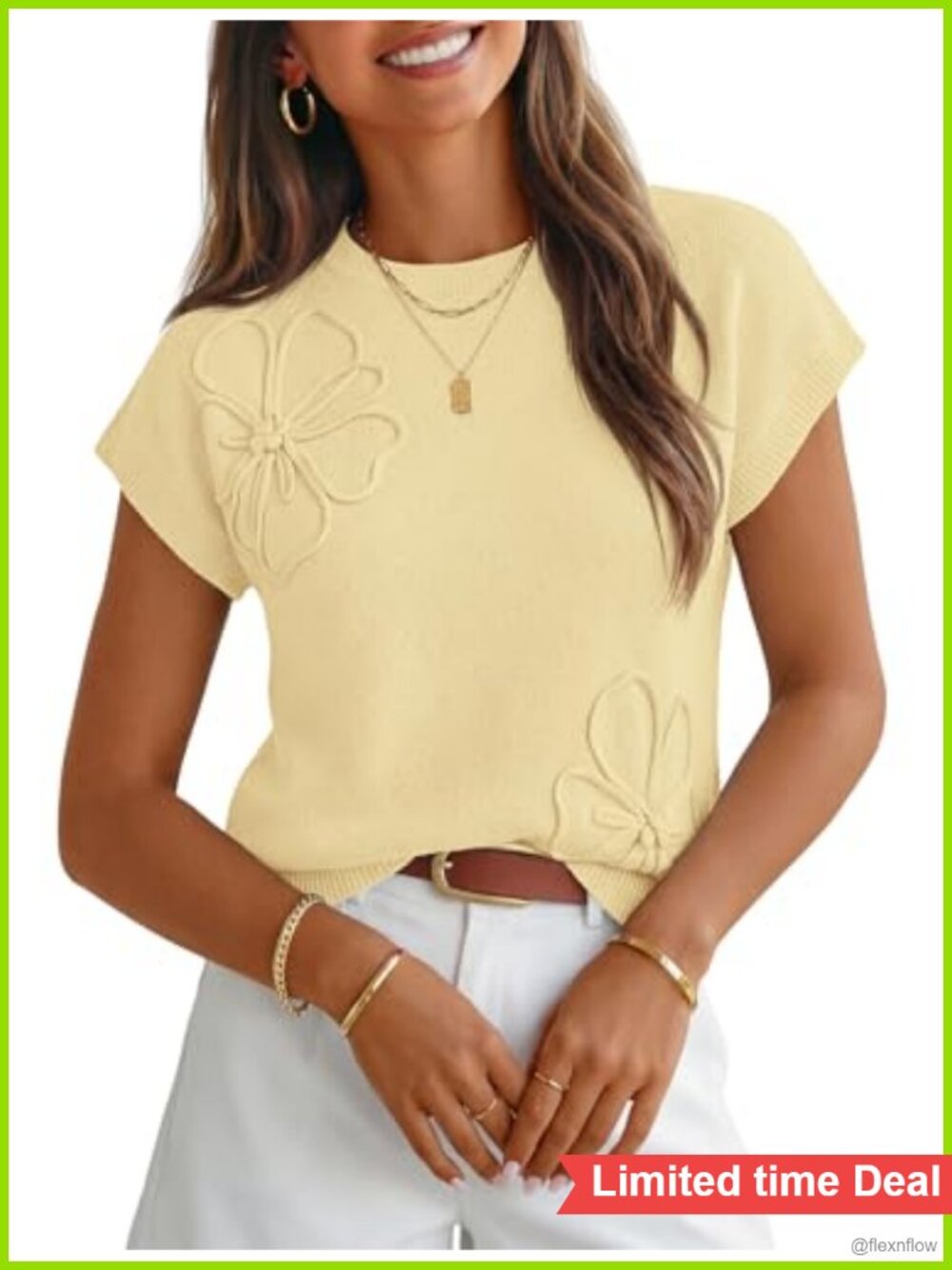 Women's Floral 3D Knit Cap Sleeve Sweater Vest Crew Neck Textured Pullover Top